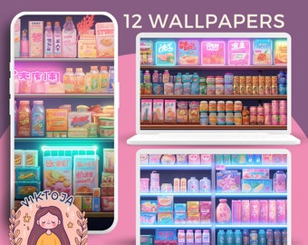 Puede incluir: Una ilustración digital de 12 fondos de pantalla diferentes que representan un pasillo de supermercado estilizado y colorido con varios productos en los estantes. Los estantes están bordeados de luces de neón rosa y azul. El texto "12 WALLPAPERS" se muestra en la parte superior de la imagen.