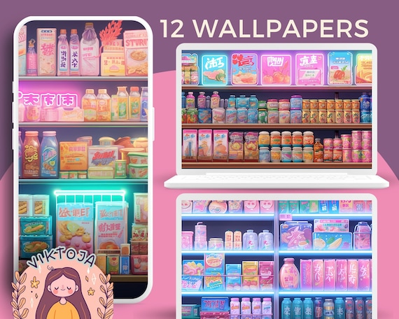 Lofi Japanese Groceries Wallpaper, Pink Neon (Digital Download)