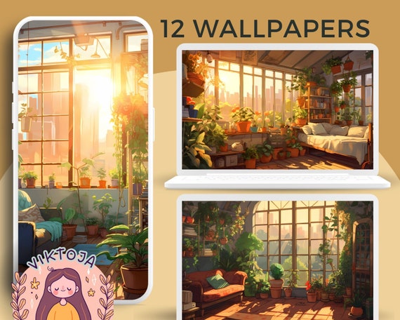 Studio Ghibli Anime Wallpaper: Cozy Plants & Books (Digital Download)
