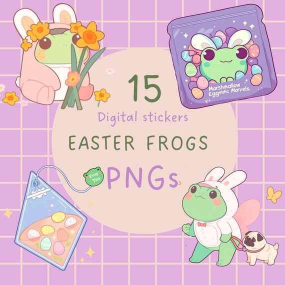 Kawaii Easter Frog PNG Stickers, Anime Chibi Clipart (Digital Download)