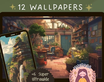 Studio Anime inspirierte Wallpaper Bundle: 12 digitale Kunstwerke für Handy & Desktop, niedliche Anime, Sofort Download.