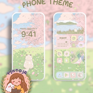 May include: Two phone screens displaying a pastel phone theme with a cat, cherry blossoms, and the text "PHONE THEME." One screen shows the time and date, the other shows app icons. A logo with a girl holding a ghost and a cat is in the corner.