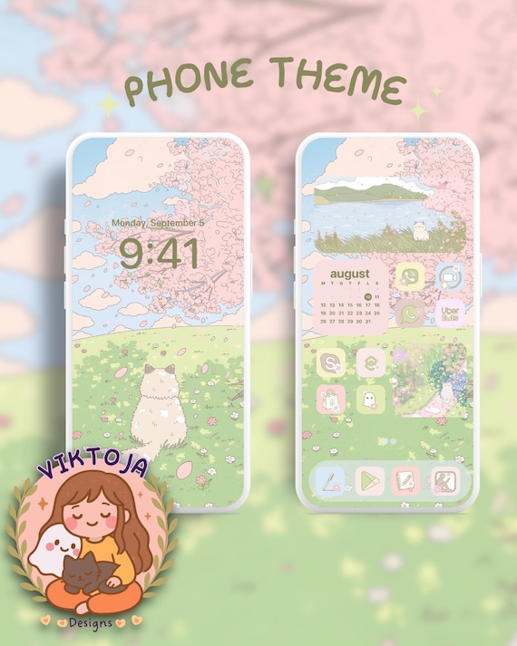 Sakura Cat Phone Theme: Kawaii iOS/Android Icons & Wallpaper (Digital Download)