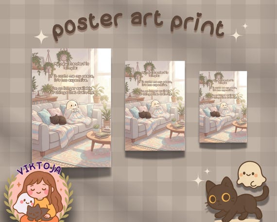 Mental Health Quote Poster: Cozy Cat & Ghost Art, Self-Care Print