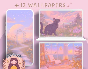 May include: A set of 12 digital phone wallpapers featuring pastel colours and whimsical illustrations. The first wallpaper shows a pink and blue sky with a moon, a white gate, and a path leading to it. The second wallpaper shows a black cat looking up at a rainbow in a field of flowers.