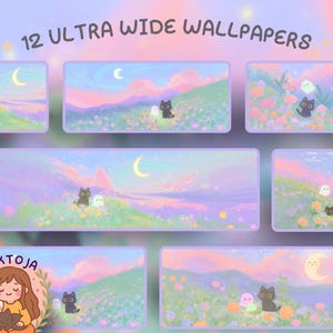 May include: A collection of 12 ultra-wide wallpapers featuring whimsical landscapes. Each design showcases a black cat, a ghost, and a crescent moon over a field of flowers, set against a pastel sky. The artist's name, VIKTOJA, is also displayed.