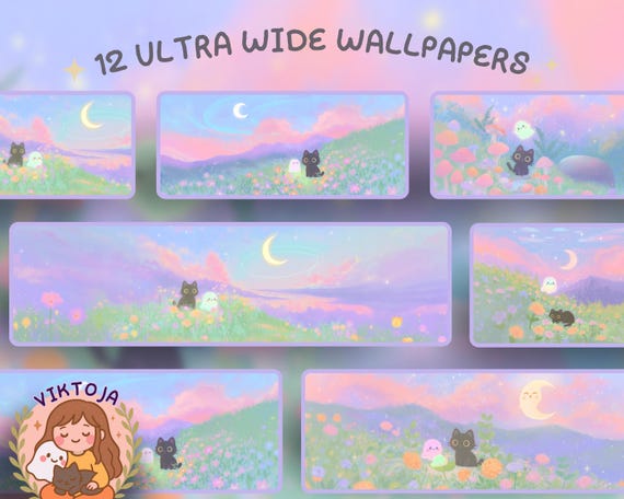 dreamy spring cat and ghost Ultrawide Wallpaper Set Desk Setup Desktop for 21:9 32x9