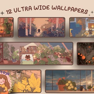 autumn hygge Ghosty and inky super ultrawide Wallpaper autumn Halloween desktop wallpaper pumpkin cozy kawaii background phone wallpaper 4k
