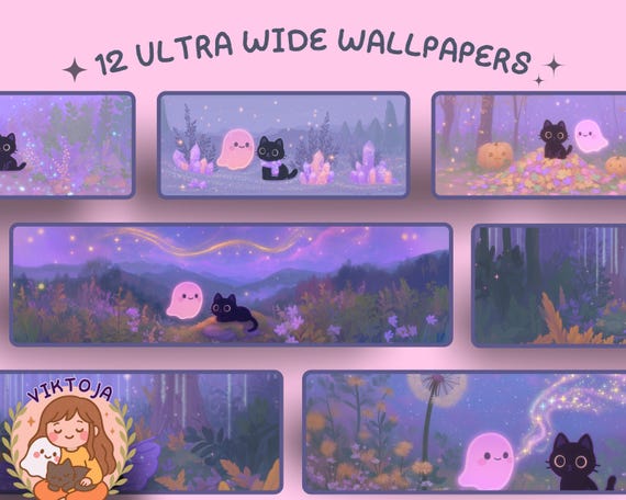 Ultrawide Desktop Wallpaper: Ghostly Kawaii Backgrounds (Digital Download, 12 PNGs