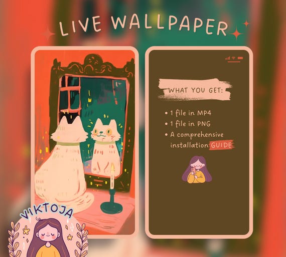 Mirror Cat Live Wallpaper: Kawaii Hygge iOS/Android (MP4 & PNG)