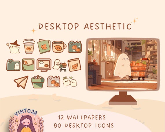 Boho Ghost Desktop Wallpaper: Autumn Kawaii Icons (Digital Download)