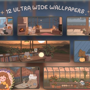 Pode incluir: Ilustração com 12 papéis de parede ultra largos com cenas outonais aconchegantes. Cada cena retrata um gato num ambiente acolhedor, como uma sala de estar com lareira, um quarto ou uma estufa. A paleta de cores inclui laranjas, castanhos e azuis quentes.