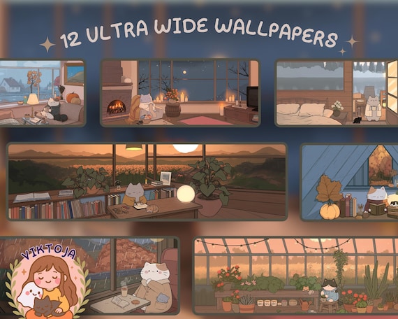 Cozy Kitties Autumn Desktop Wallpaper | Kawaii Cozy Lofi (Digital Download)