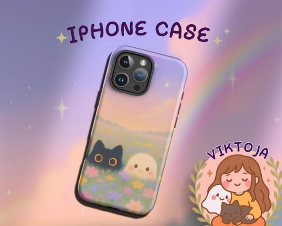 Kawaii Cat & Ghost iPhone Tough Case, Pastel Meadow Art