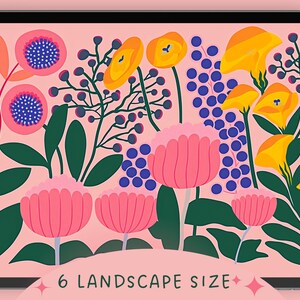 May include: A digital illustration of a floral pattern with pink, yellow, blue, and green flowers on a light pink background. The text "6 LANDSCAPE SIZE" is at the bottom of the image.