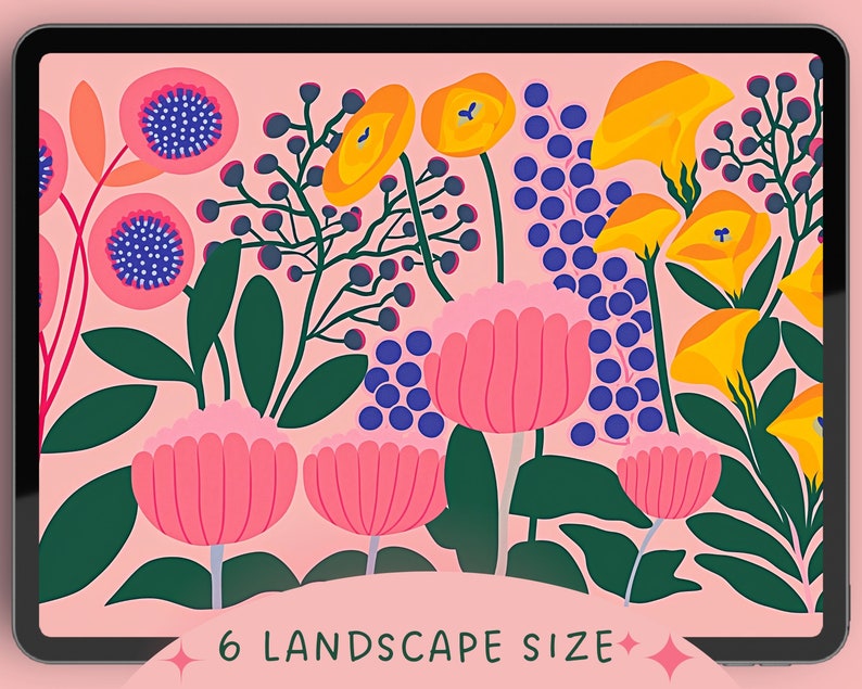 May include: A digital illustration of a floral pattern with pink, yellow, blue, and green flowers on a light pink background. The text "6 LANDSCAPE SIZE" is at the bottom of the image.