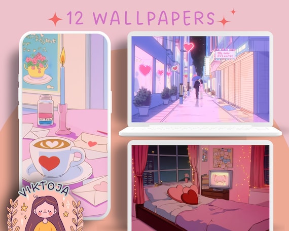 Retro Anime Valentine Wallpaper: 90s Kawaii Phone Backgrounds (Digital Download)