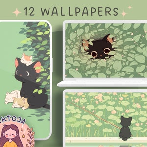 Black Cat wallpaper plants wallpaper green cozy Wallpaper desktop matcha wallpaper kawaii Instant Download anime wallpaper cats and plants