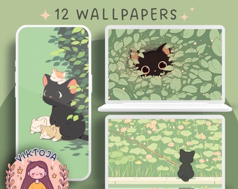 Cosy Black Cat-behangset voor desktop en mobiel (digitale download)