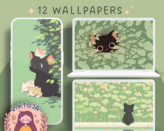 Cozy Black Cat Wallpaper Set for Desktop & Mobile (Digital Download)