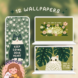 Puede incluir: Arte digital que presenta una funda de teléfono y dos computadoras portátiles que muestran fondos de pantalla con temas de gatos. La funda del teléfono tiene una ilustración de gato con el texto "KEEP GOING DEAR HEART". Los portátiles muestran gatos con fondos florales y de hojas, con el texto "YOU ARE SO LOVED" y "TAKE IT ONE DAY AT A TIME."