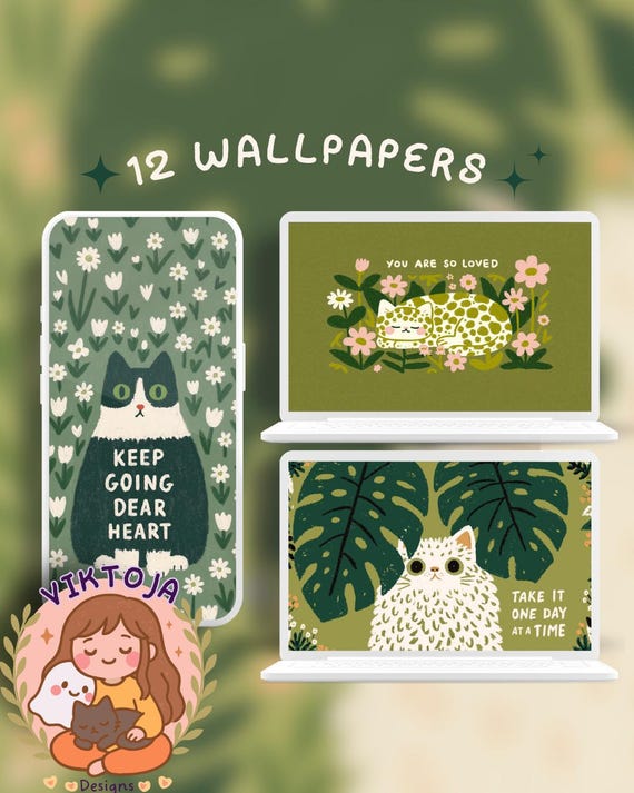 Kawaii quotes cats Wallpaper: green Desktop & Phone Backgrounds (Digital Download)
