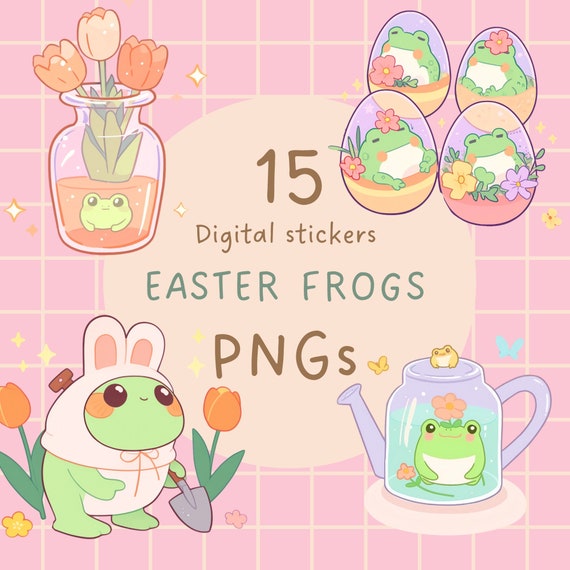 Kawaii Easter Frog Stickers: Chibi Manga PNG Clipart (Digital Download)