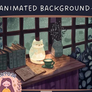 May include: A digital illustration of a cozy room with a window, a stack of books, a glowing cat, a cup of tea, and a plant. The room is decorated with a warm, inviting atmosphere.