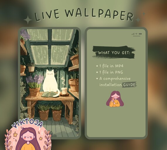 Cozy Rain Cat Live Wallpaper: Hygge iOS Android (MP4 & PNG)