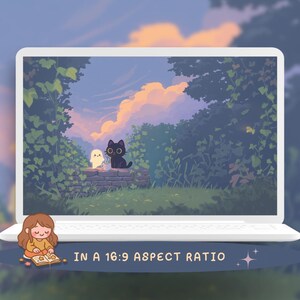 May include: A white laptop displays a digital illustration of a serene outdoor scene with a black cat and a white ghost-like figure. The image is set against a backdrop of lush greenery and a sunset sky. Text at the bottom reads "IN A 16:9 ASPECT RATIO".