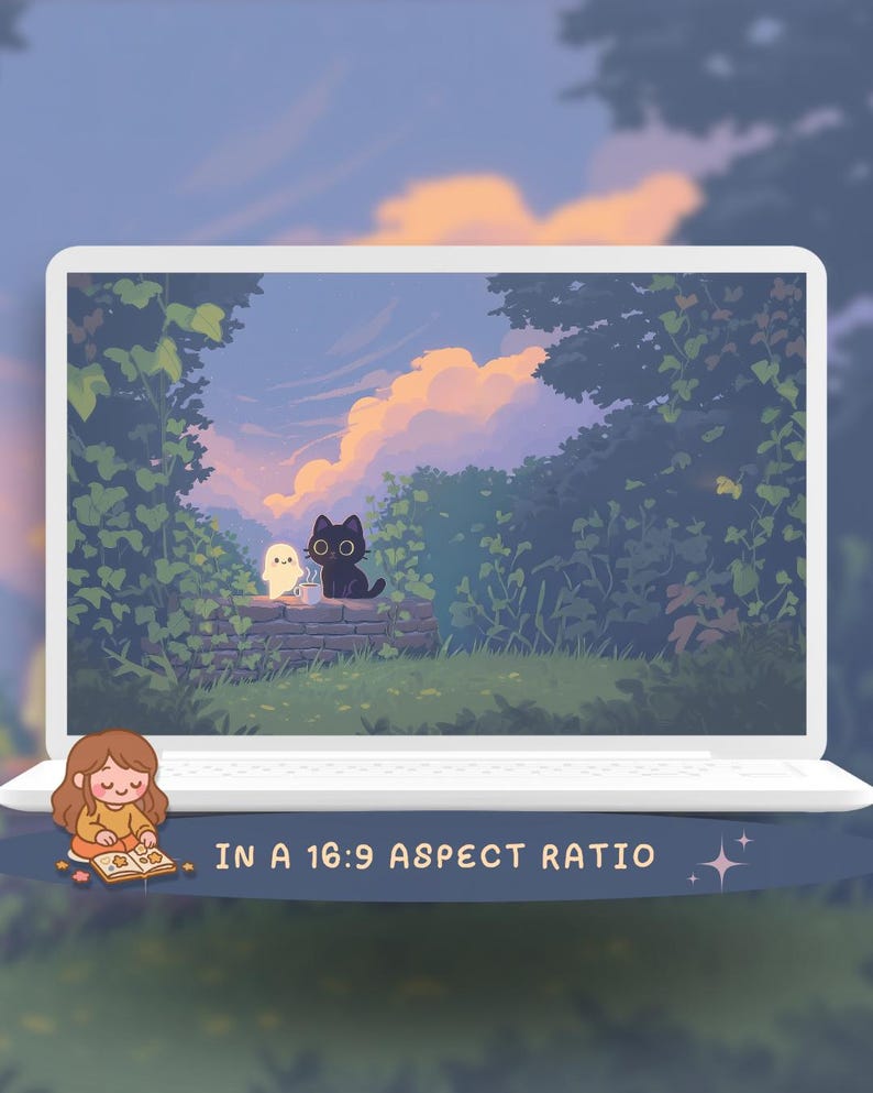 May include: A white laptop displays a digital illustration of a serene outdoor scene with a black cat and a white ghost-like figure. The image is set against a backdrop of lush greenery and a sunset sky. Text at the bottom reads "IN A 16:9 ASPECT RATIO".