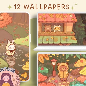 Coniglietto e orso Carta da parati pioggia autunnale carta da parati halloween sfondo del desktop accogliente salvaschermo sfondo kawaii sfondo del telefono autunno 4k