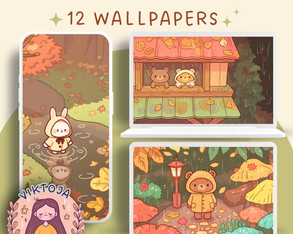 Autumn Rain Wallpaper: Bunny and Bear Cozy Screensaver (Digital Download)