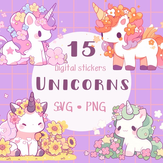 Kawaii Unicorn Clipart: Pegasus, Flowers (PNG, SVG Digital Download)