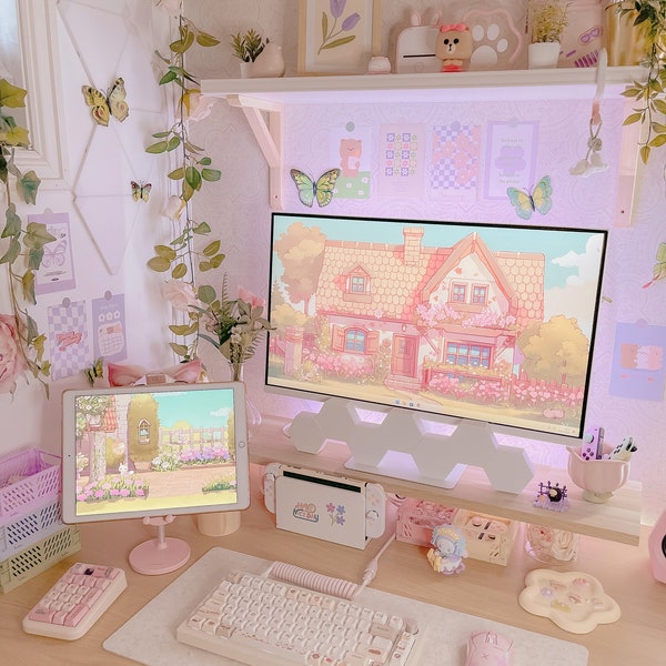 Tapeta Kawaii Cottage: Różowy pastelowy ekran blokady pulpitu i telefonu (do pobrania cyfrowego)