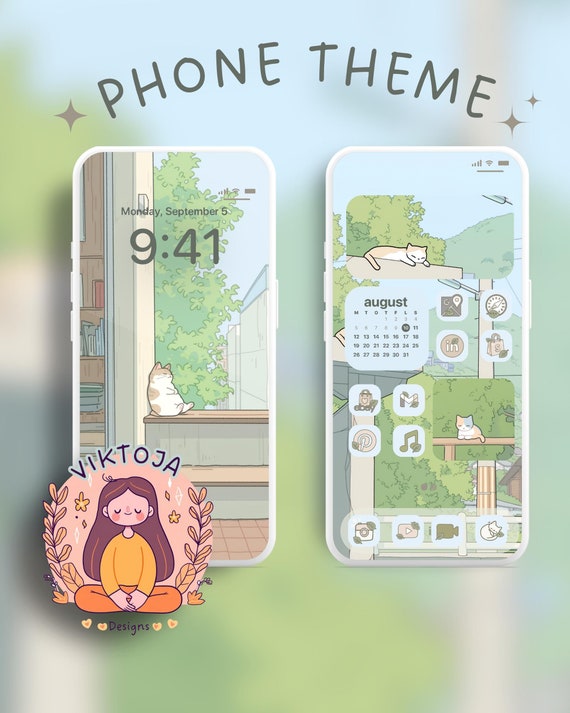Pastel Green Cats Phone Theme: iOS & Android Icons (Digital Download)