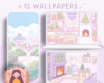 Fondo de pantalla de pingüino invernal kawaii: acogedor protector de pantalla navideño (descarga digital)