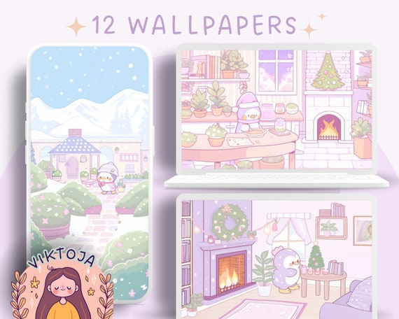 Kawaii Winter Penguin Wallpaper: Cozy Christmas Screensaver (Digital Download)