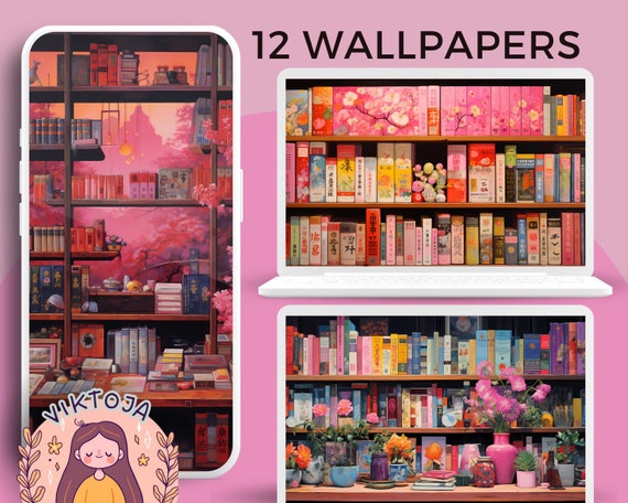 Japanese Bookcase Wallpaper Set | Lofi (Digital Download
