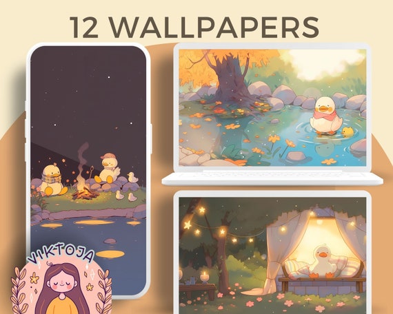 Kawaii Fall Ducks Wallpaper: Cozy Autumn Screensaver (Digital Download)