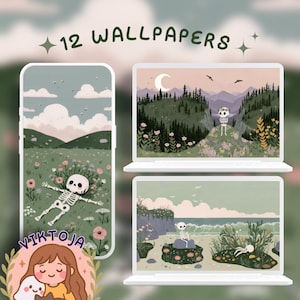 May include: Digital art featuring 12 wallpapers with a whimsical, pastel aesthetic. The designs include a skeleton in a field of flowers, a skeleton on a mountain, and a skeleton on a beach. The image also includes a phone case and two laptops displaying the wallpapers.