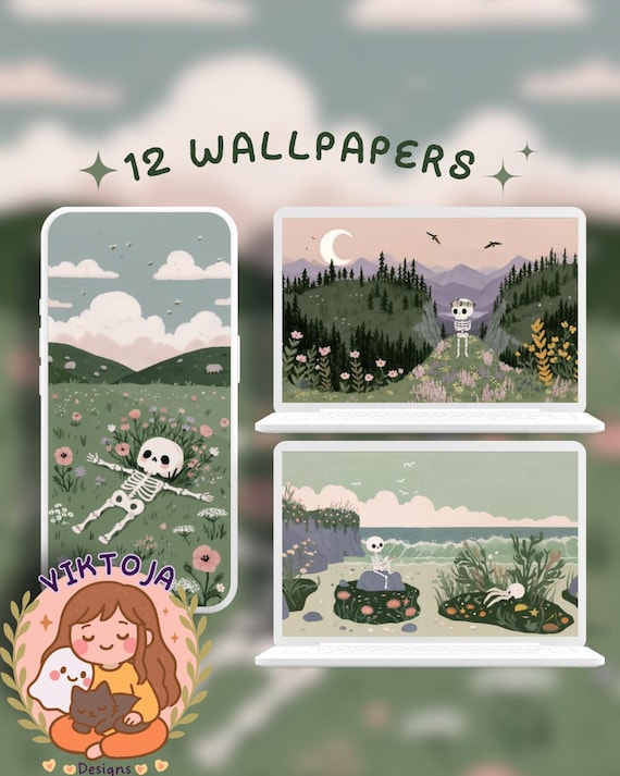skeleton green Lofi Wallpaper Set, Halloween (Digital Download)
