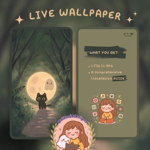 Puede incluir: Fondo de pantalla animado digital con un gato negro de dibujos animados y un fantasma en una escena de bosque con luna llena. La segunda imagen muestra el texto "WHAT YOU GET:" y "1 file in MP4" y "A comprehensive installation GUIDE".