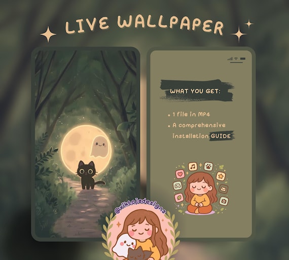 forest inky Cat Live Wallpaper: Kawaii Hygge iOS/Android (MP4)