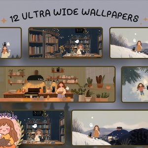 Pode incluir: Ilustração com 12 papéis de parede ultra largos. Cada papel de parede retrata uma cena acolhedora com uma personagem de desenho animado, um gato preto e um fantasma. As cenas incluem uma biblioteca, uma cozinha e paisagens de neve.