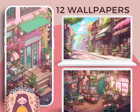 Cozy Shops Wallpaper: Pastel Pink Lofi Screensaver (Digital Download)
