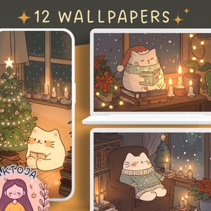 Gatti di Natale kawaii 2 Sfondo sfondo festivo Sfondo desktop di Natale Screensaver accogliente Sfondo kawaii Sfondo telefono Neve 4k