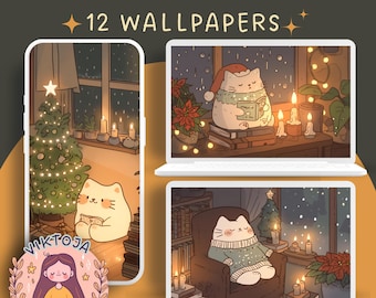 かわいいクリスマス猫の壁紙：居心地の良いホリデーの携帯電話と