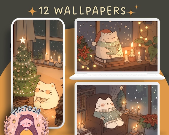 Kawaii Christmas Cats Wallpaper: Cozy Holiday Phone & Desktop Backgrounds (Digital Download)