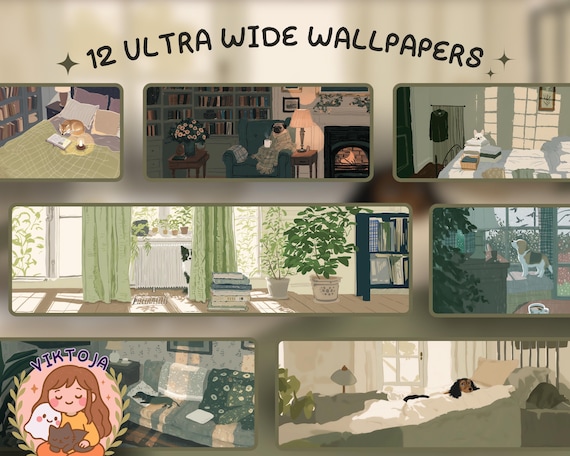 Cozy Dog Wallpapers: 12 Ultra-Wide Digital Art (Digital Download)